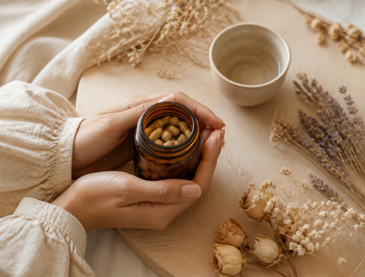Hands gently holding a small amber jar of herbal capsules surrounded by dried flowers and linen