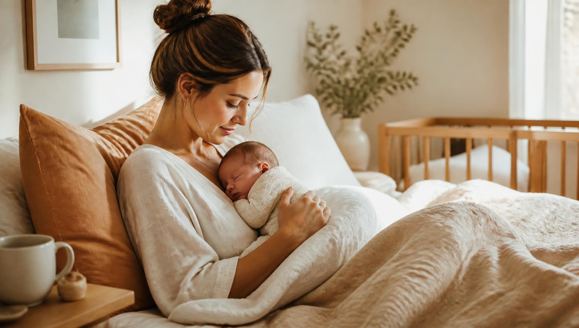 Mother gently holding newborn baby in a warm, sunlit room
